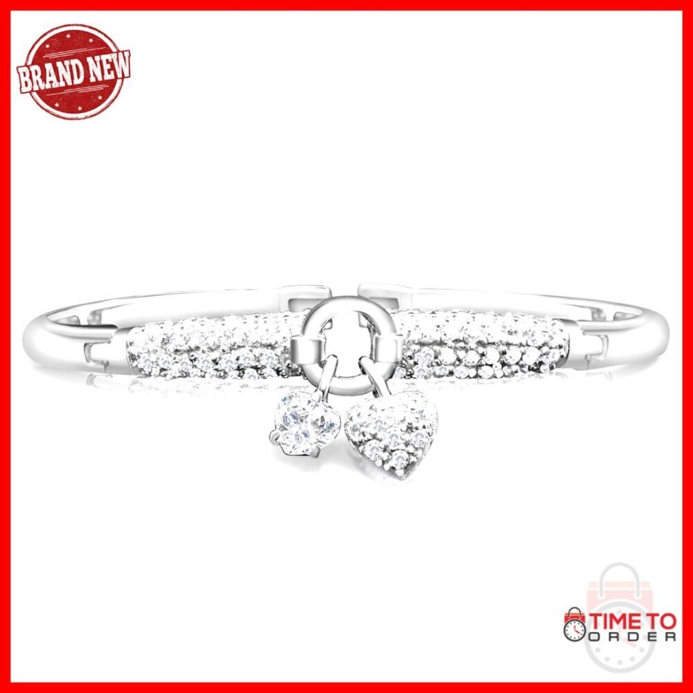 Sterling Silver Bracelet Hinged Bangle Heart Charms Cubic Zirconia Elegant